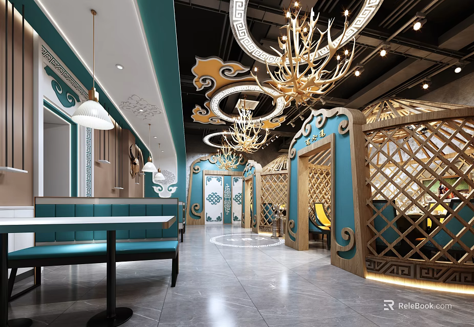 Modern Restaurant Interior With Elegant Chandeliers Blue Booth Seats And Decorative Wooden Partitions 3d model 