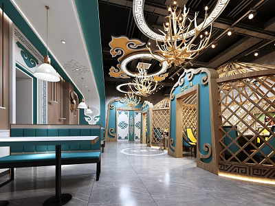 Modern Restaurant Interior With Elegant Chandeliers Blue Booth Seats And Decorative Wooden Partitions 3d model