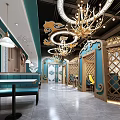 Modern Restaurant Interior With Elegant Chandeliers Blue Booth Seats And Decorative Wooden Partitions