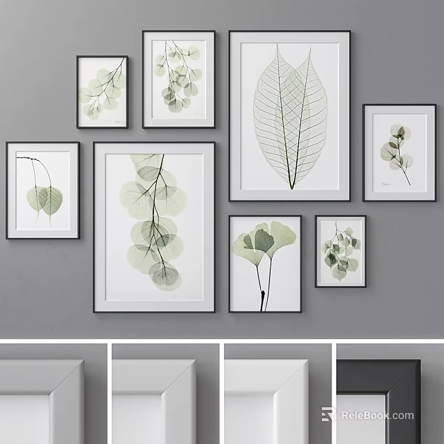 Modern Picture Frames With Botanical Leaf Prints On Gray Wall Decor 3d model