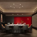 Elegant Private Dining Room With Round Table Red Accent Wall And Wine Rack 3d model