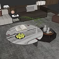 Modern Grey White Sofa and Round Marble Coffee Table Set with Pillows and Green Plants