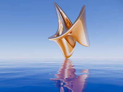 Golden Abstract Metallic Sculpture With Flowing Curves On Blue Sky Water Surface Reflection 3d model