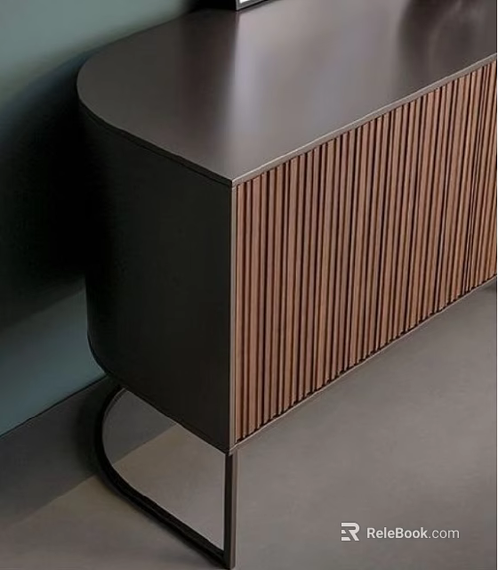 Modern Dining Table Featuring Ribbed Wooden Surface And Sleek Black Metal Frame 3d model 