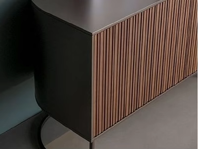 Modern Dining Table Featuring Ribbed Wooden Surface And Sleek Black Metal Frame 3d model