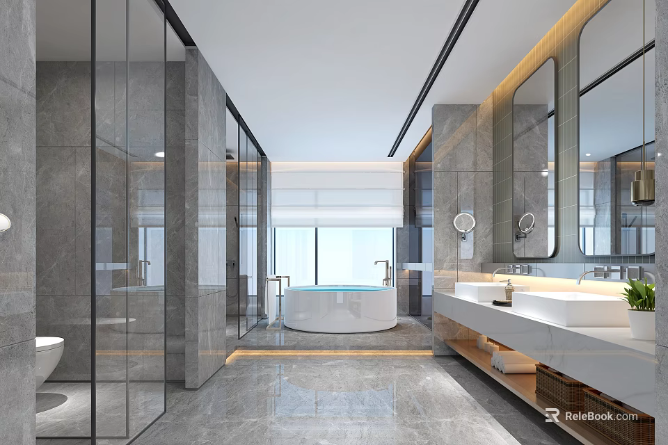 Modern Bathroom Interior Design With Glass Shower Marble Walls And Freestanding Bathtub 3d model 