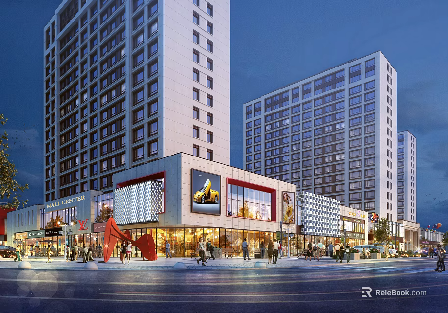 Modern Commercial Street with High-Rise Buildings Bright Lighting and Pedestrians 3d model 