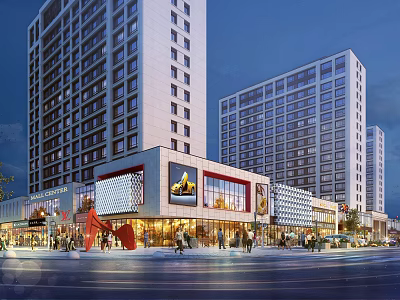 Modern Commercial Street with High-Rise Buildings Bright Lighting and Pedestrians 3d model