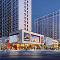 Modern Commercial Street with High-Rise Buildings Bright Lighting and Pedestrians
