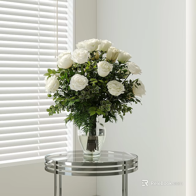 Glass Vase With White Roses Placed On Round Glass Table By Window With Blinds 3d model 