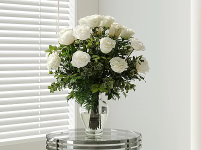 Glass Vase With White Roses Placed On Round Glass Table By Window With Blinds 3d model