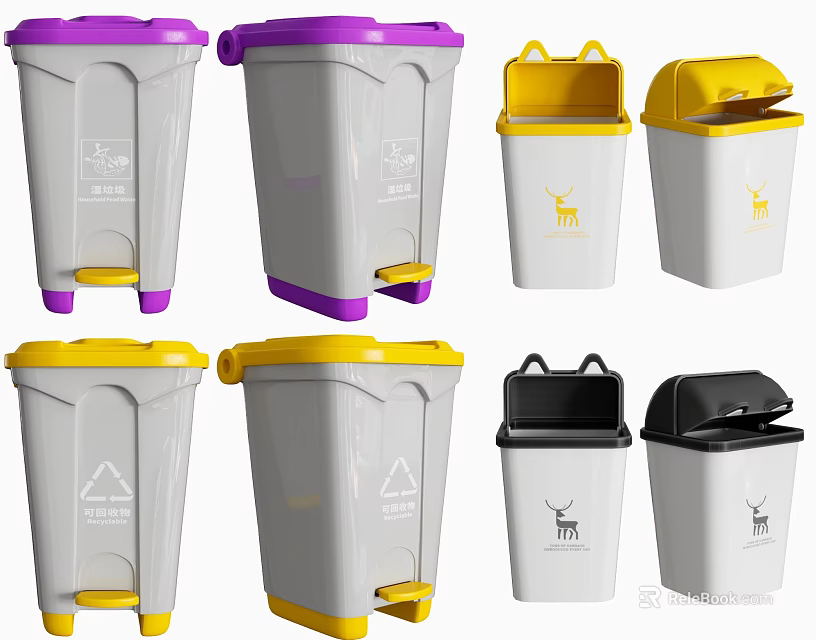 Public Facility Trash Bins With Pedal Design And Various Color Lids 3d model 