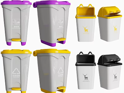 Public Facility Trash Bins With Pedal Design And Various Color Lids 3d model