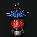 Traditional Chinese Style Chandelier With Blue Pagoda Roof Red Lattice Body And Silver Base