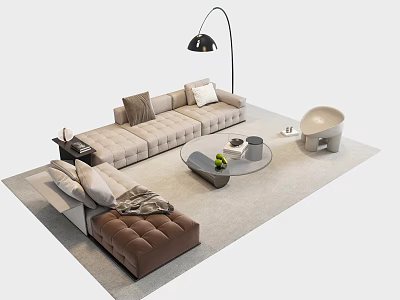 Modern Beige L shaped Sofa with Ottoman Round Glass Coffee Table and Green Plant Decorative Items 3d model
