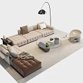 Modern Beige L shaped Sofa with Ottoman Round Glass Coffee Table and Green Plant Decorative Items