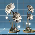 Floral Display with Large White Flowers Golden Stems and Glowing Orbs on Blue Grid Background