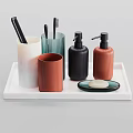 Colorful Bathroom Accessories Set With Cups Bottles Toothbrushes Comb And Soap On Tray