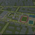 Modern School Campus Design With Classroom Buildings Football Field And Green Spaces