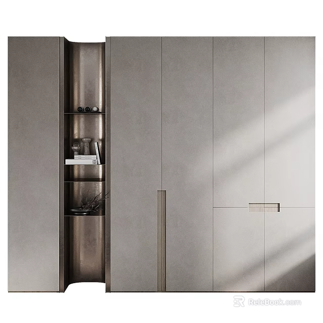 Modern Light Gray Wardrobe with Sliding Doors Open Shelves and Metal Handles for Home Storage 3d model 