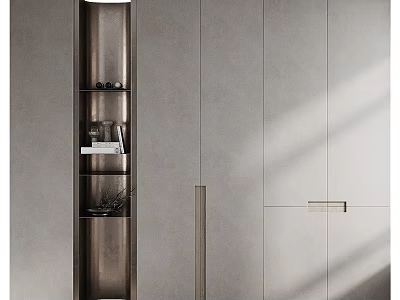 Modern Light Gray Wardrobe with Sliding Doors Open Shelves and Metal Handles for Home Storage 3d model