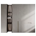 Modern Light Gray Wardrobe with Sliding Doors Open Shelves and Metal Handles for Home Storage