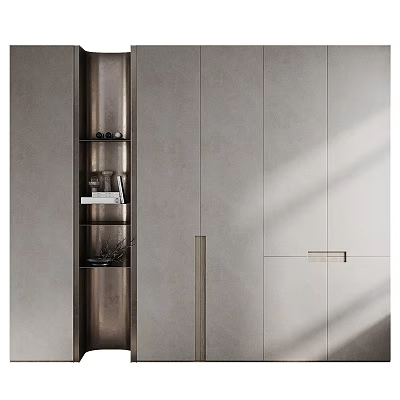 Modern Light Gray Wardrobe with Sliding Doors Open Shelves and Metal Handles for Home Storage 3d model