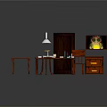 Wooden Interior Furniture Setup With Table Desk Chair Cabinet Lamp And TV