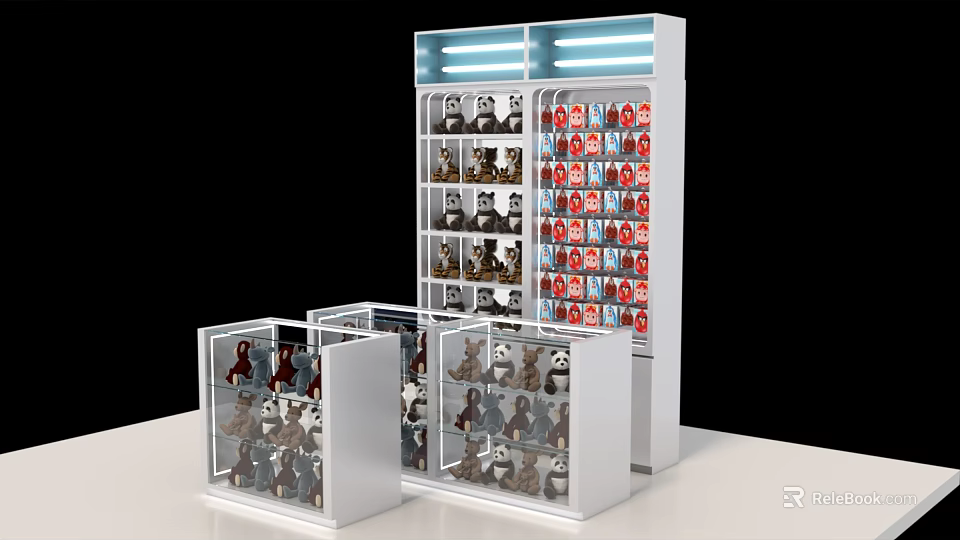 Playground Toy Display With Stuffed Panda And Animal Toys On Shelves 3d model 