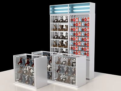 Playground Toy Display With Stuffed Panda And Animal Toys On Shelves 3d model