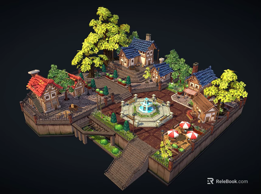 Cartoon Village Scene Featuring Colorful Roof Houses Green Trees Central Fountain And Stone Paths 3d model 