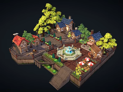 Cartoon Village Scene Featuring Colorful Roof Houses Green Trees Central Fountain And Stone Paths 3d model