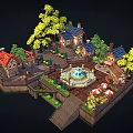 Cartoon Village Scene Featuring Colorful Roof Houses Green Trees Central Fountain And Stone Paths