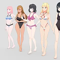 Five Anime Game Female Characters In Various Stylish Swimsuits Standing Together