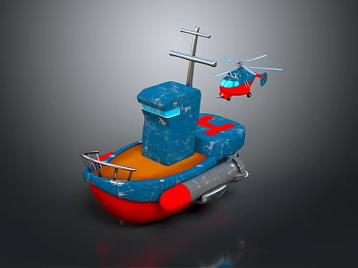 Toy Boat With Blue Hull Red Details And Red Toy Helicopter Flying Nearby 3d model