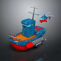 Toy Boat With Blue Hull Red Details And Red Toy Helicopter Flying Nearby