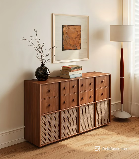 Vintage Solid Wood Rattan Drawer Cabinet Ideal For Living Room Storage And Warm Home Decoration 3d model 