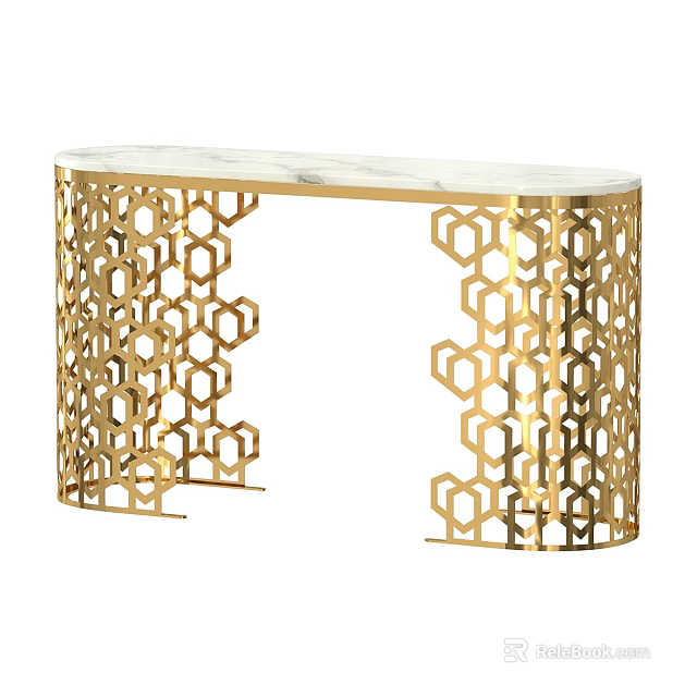 Elegant Modern Console Table With Gold Geometric Openwork Frame And Marble Top 3d model 