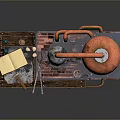 Vintage Industrial Miniature Setup Featuring Orange Container Metal Apparatus Pipes And Wooden Shelf