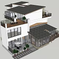 Modern Two Story Villa Exterior With Gray Roof Large Glass Windows And Balcony Terrace