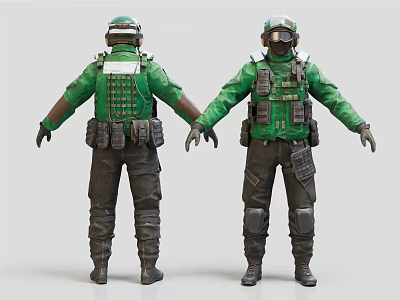 Tactical 3D Characters in Green Uniforms with Backpacks and Protective Gear Dual Views 3d model