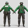 Tactical 3D Characters in Green Uniforms with Backpacks and Protective Gear Dual Views