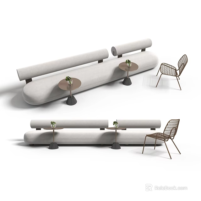 Modern Leisure Area With Long Light Gray Sofa Small Round Tables And Metal Frame Chair 3d model 