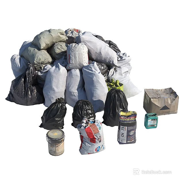 Collection of Waste Items Including Trash Bags Containers and Cardboard Box 3d model 