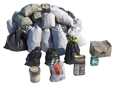 Collection of Waste Items Including Trash Bags Containers and Cardboard Box 3d model