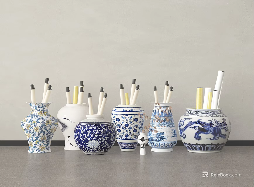 Multiple Blue and White Ceramic Pen Holders With Various Patterns For Desk Decoration 3d model 