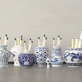 Chinese Ware Ceramic Picture Scroll Blue and White Porcelain Ornaments Combination 3d model