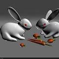 Two White Rabbit Dolls With Red Eyes And Fresh Carrots Around Them