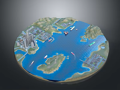 Detailed Circular City Water Miniature Model with Buildings Boats Islands Greenery and Wind Turbines 3d model