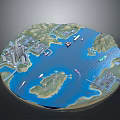 Detailed Circular City Water Miniature Model with Buildings Boats Islands Greenery and Wind Turbines